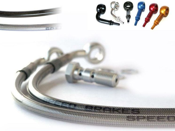 Kit durites frein avant AVIATION - 2 durites - Finition carbone / Raccords Bleu - HONDA CB 600 F Hornet  98-04